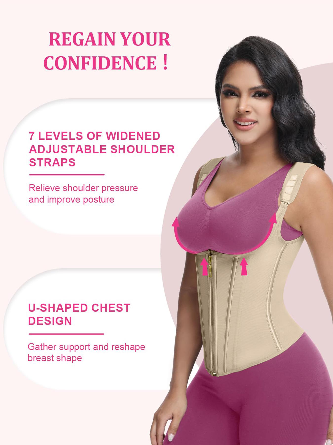 Women's Solid Color Zipper Hooks Waist Trainer Corset, Tummy Control Shapewear Tops, Adjustable Hooks Body Shaper for Women, Firm Tummy Control