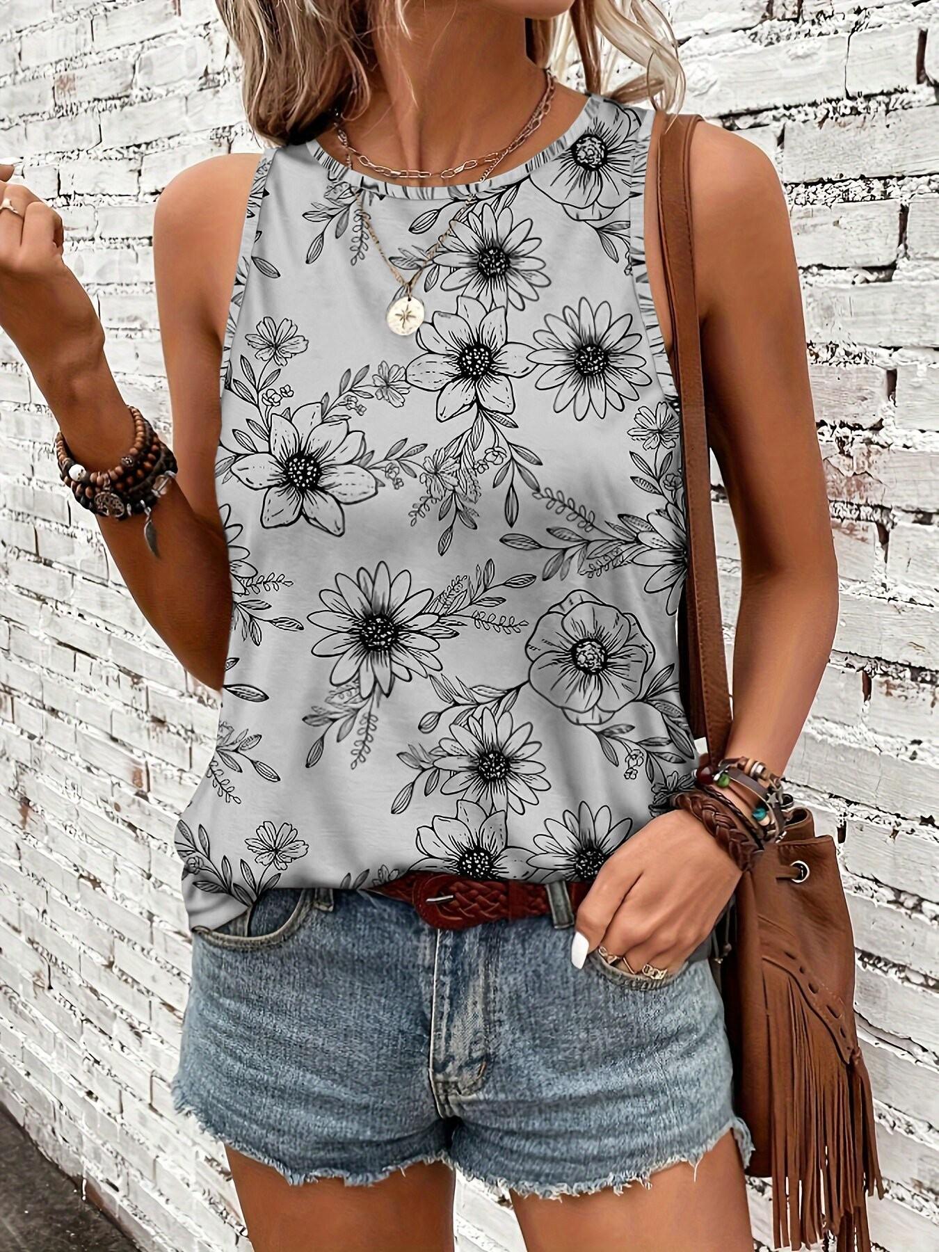 Summer Casual Round Neck New Print Sleeveless Top, Trendy Women's Fashion, Perfect for Daily Wear, Comfortable and Stylish