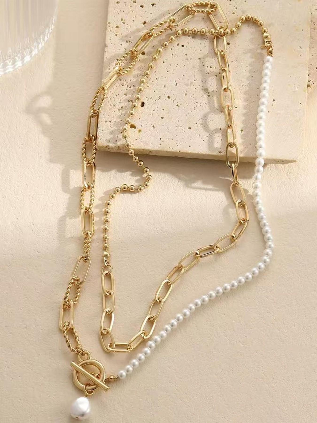 Layered Pearl Chain Necklace for Women, 14K Gold Plated Pearl Link Toggle Clasp Necklace, Dainty Trendy Layered Choker Chunky Jewelry Fashion Gift for Women