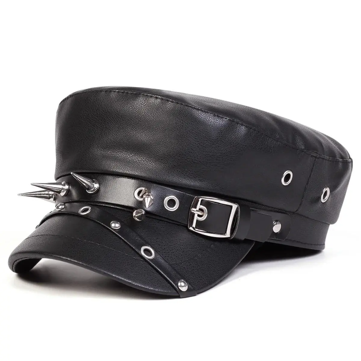 Unisex Rivet Buckle Leather Hat Spring Autumn Sailor Hats Black Beret Cap Men Flat Top Captain Military Caps