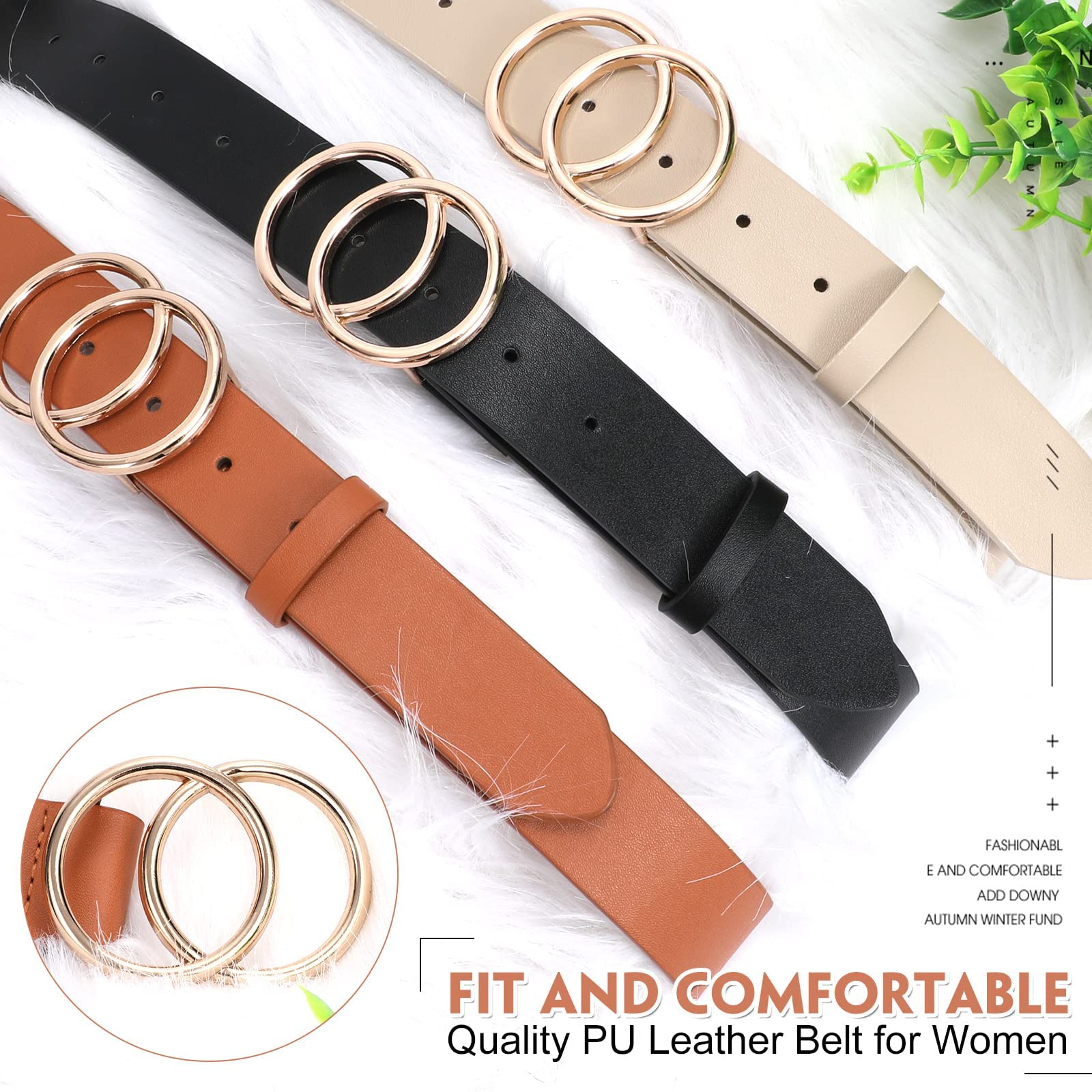 JASGOOD Women Leather Belt Fashion Soft  Faux Leather Waist Belts For Jeans Dress with Double O-Ring Buckle Halloween