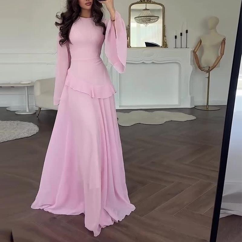 Women's Slim Round Neck Solid Bell Sleeve Floor Length Formal Garment - Polyester Blend, Elegant Fit, Ideal for Graduation, Formal Parties, Available in XXXL (Womens Dresses)