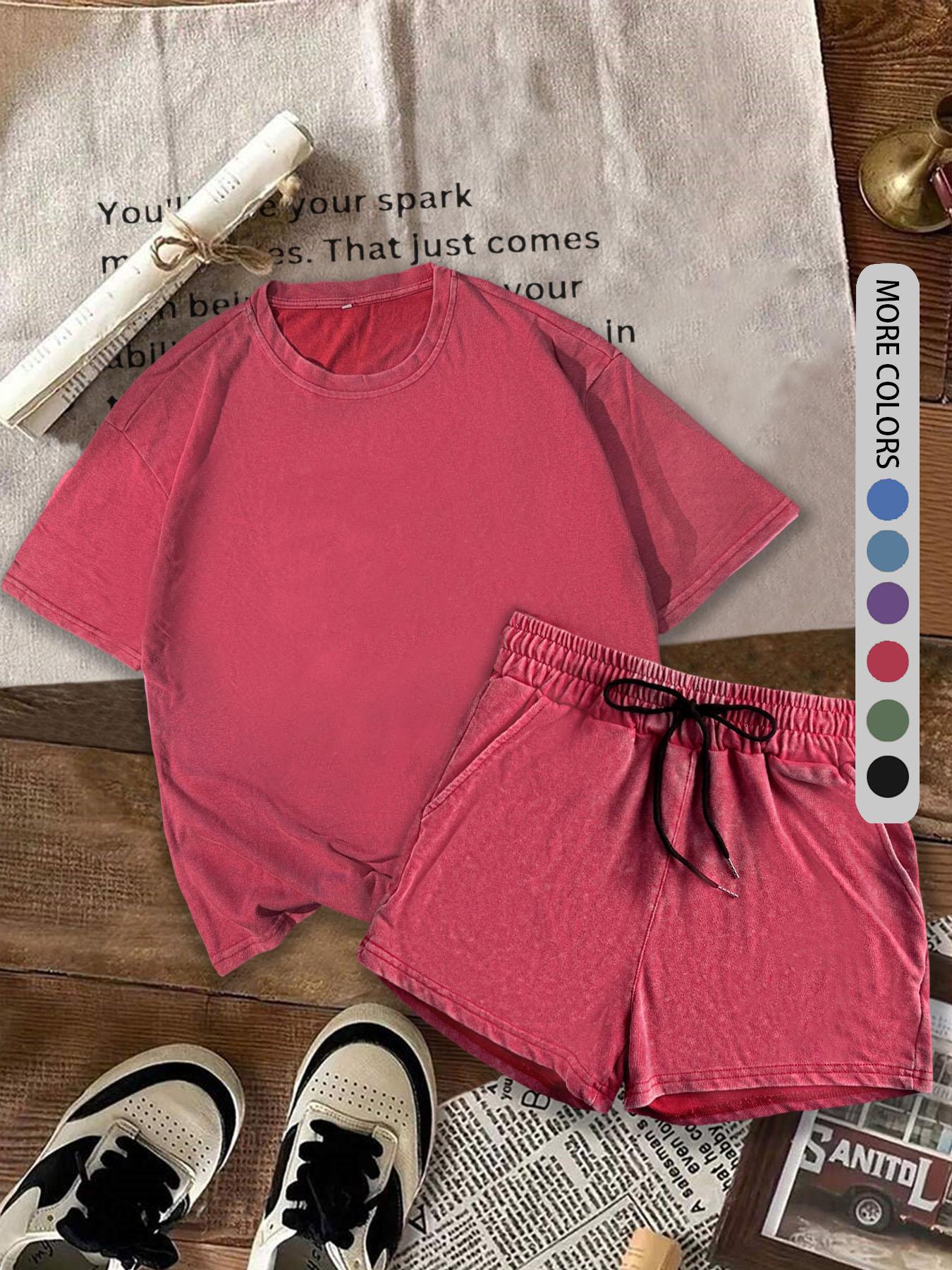 Two-piece Set Women's Solid Color Short Sleeve Tee & Shorts, Casual Minimalist Fitted Round Neck T-shirt & Shorts, Summer Daily Clothes Set for Ladies Outdoor Holiday, Womenswear, Athletic Activewear