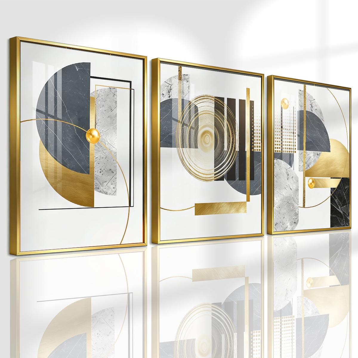 3 Counts Aluminum Alloy Framed Painting, Geometric Gold And Grey Abstract Art, Home Decoration For Living Room, Bedroom, Office, Restaurant, Hallway Wall Decor, Odorless Print Artwork, Luxury Perfect Gift For Friends And Family