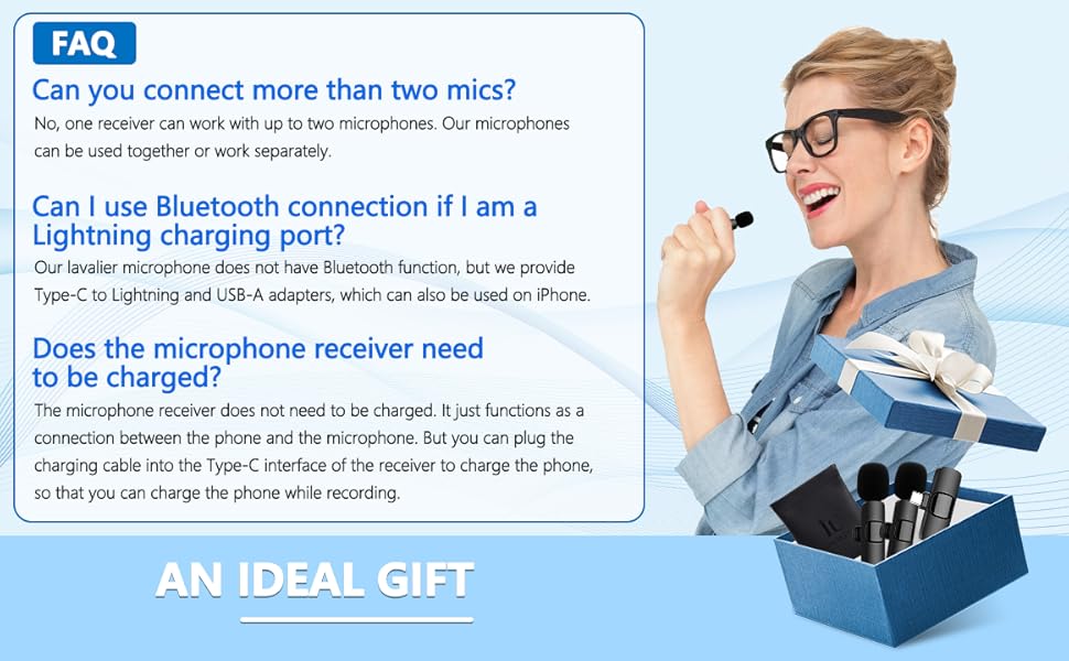 Wireless  Microphone for iPhone/Android Phone/Laptop, Plug-Play Clip on Lapel Mic with Auto Noise Reduction for Video Recording, Live Broadcast, Interview, TikTok, YouTube (2 Mics)