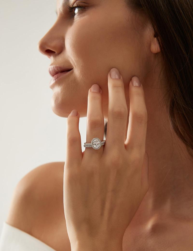 EAMTI 1.5CT 925 Sterling Silver Cubic Zirconia Bridal Rings Sets Oval Cut CZ Engagement Rings Wedding Band for Women