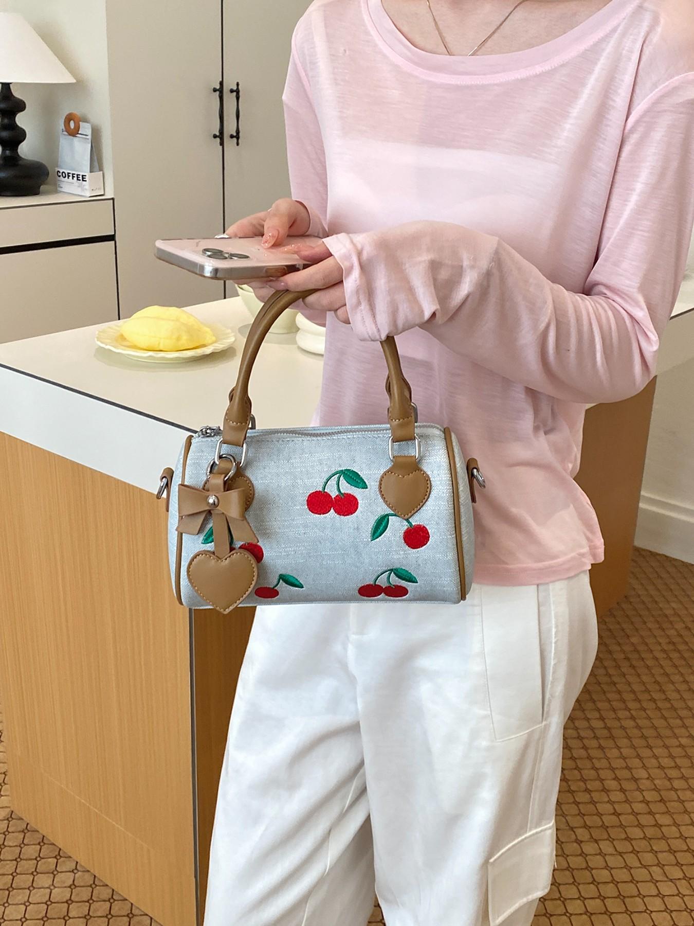 Sweet Cherry Boston Bag for Women, 2026 New Handbag, Cute Pillow Bag, Fashion Commute, Heart Charm, Full Cherry Print, PU Material