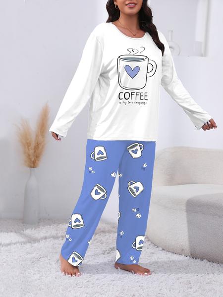 Plus Size Heart Coffee Letter Print Comfortable 2-Piece Pajama Set, Long Sleeve Top & Pants, Casual Fitted Sleepwear & Loungewear for All Seasons