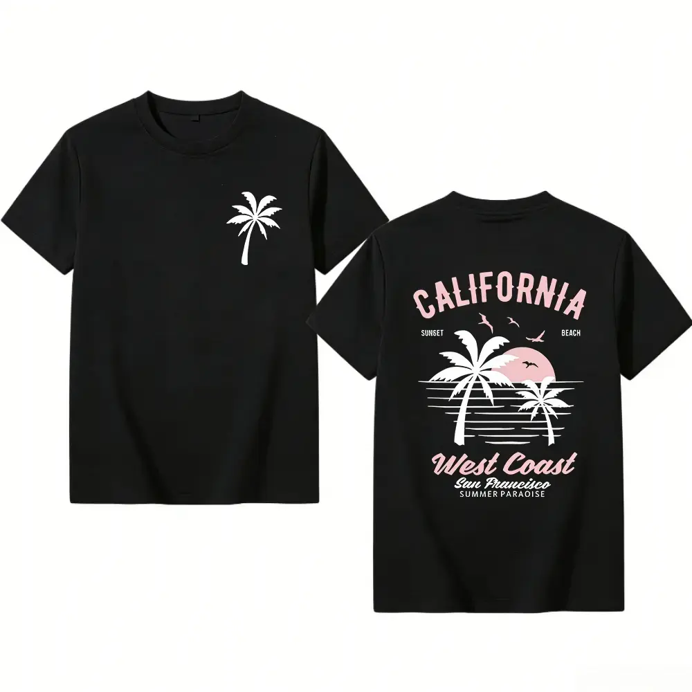 Washed Cotton California Graphic Tee – 250g Soft Vintage Surf Beach Tee with Palm Trees & Retro Print, Loose Fit Summer Casual Shirt for Men Women, Unisex Machine Washable