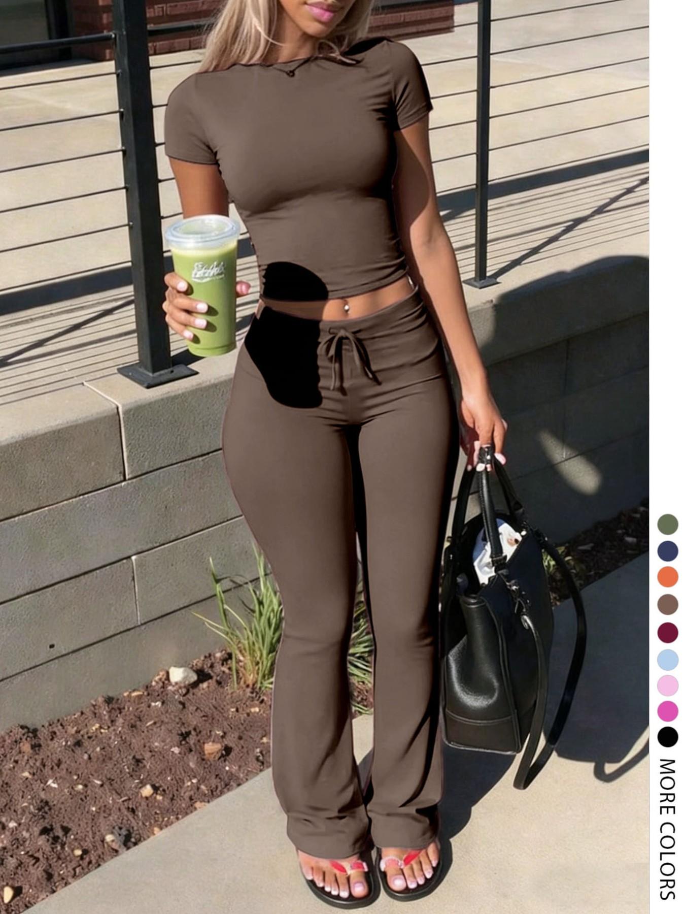 LovelyWholesale - US Women's Fashion Casual Solid Color Round Neck Short Sleeve T-Shirt Top and Drawstring Pants Two-Piece Set, Spring and Summer Clothing