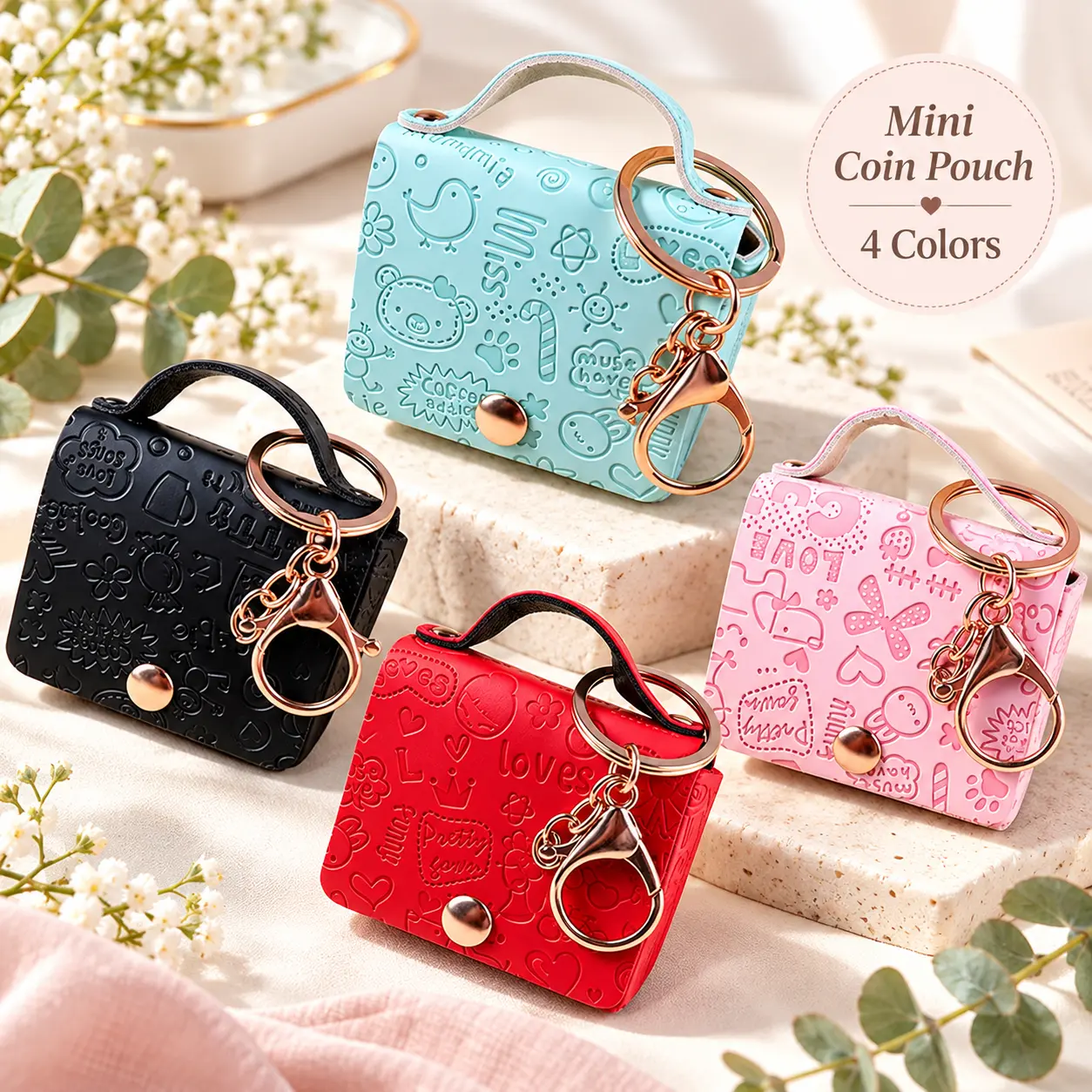 Mini PU Leather Coin Purse with Embossed Cartoon Design, Small Keychain Pouch for Earbuds, Coins, Keys and Everyday Storage
