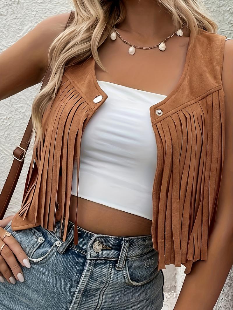 Women's Fringe Detail Denim Vest, Faux Suede Material, Button Front V Neck Sleeveless Top, Casual Spring & Fall Fashion, Casual Sleeveless Outerwear