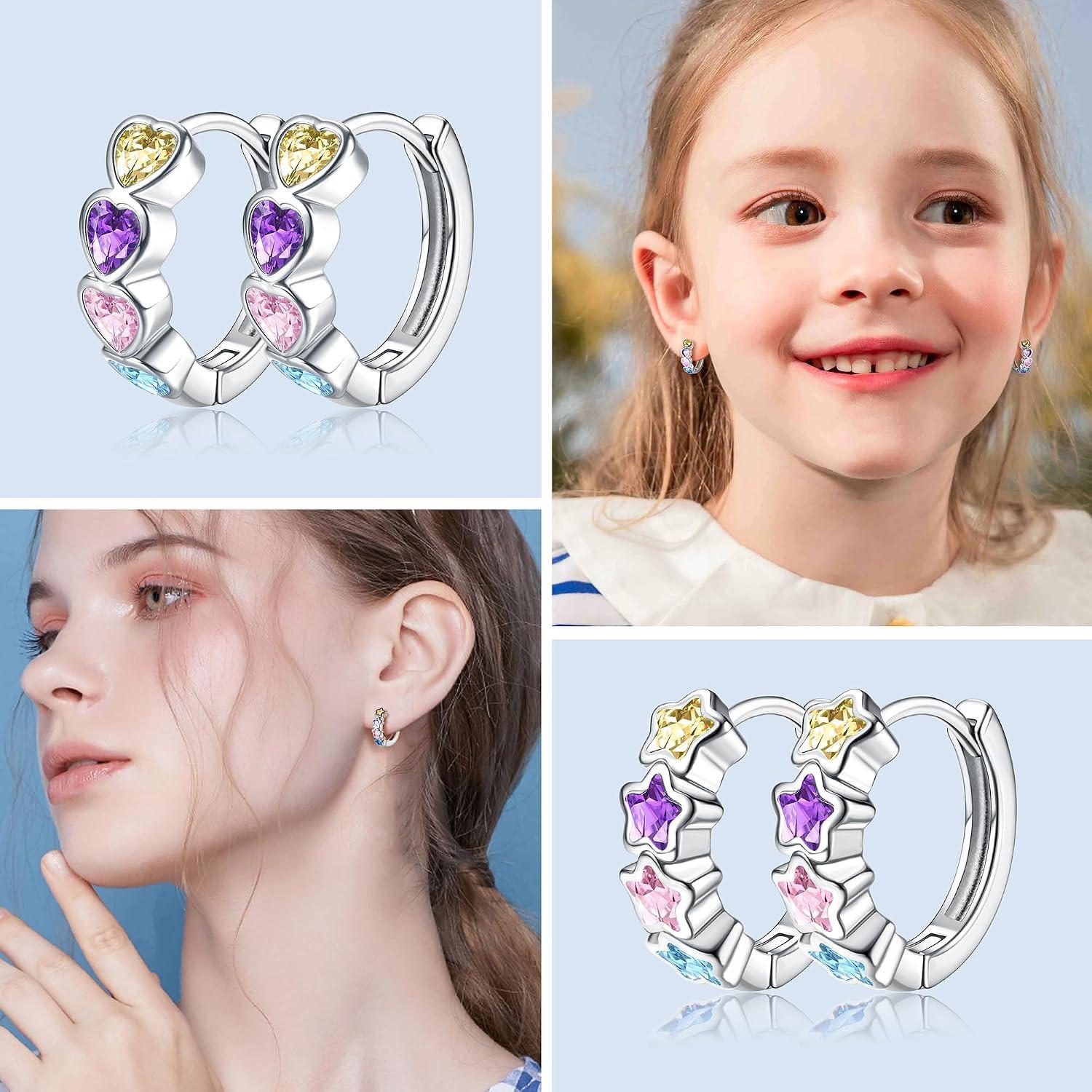 4 Pairs Small Silver Hoop Earrings for Women Girls, Hypoallergenic Heart Butterfly Zircon Cute Cartilage Earrings, Tiny Hoop Earrings Set for Kids Children in Pink/Blue/Purple