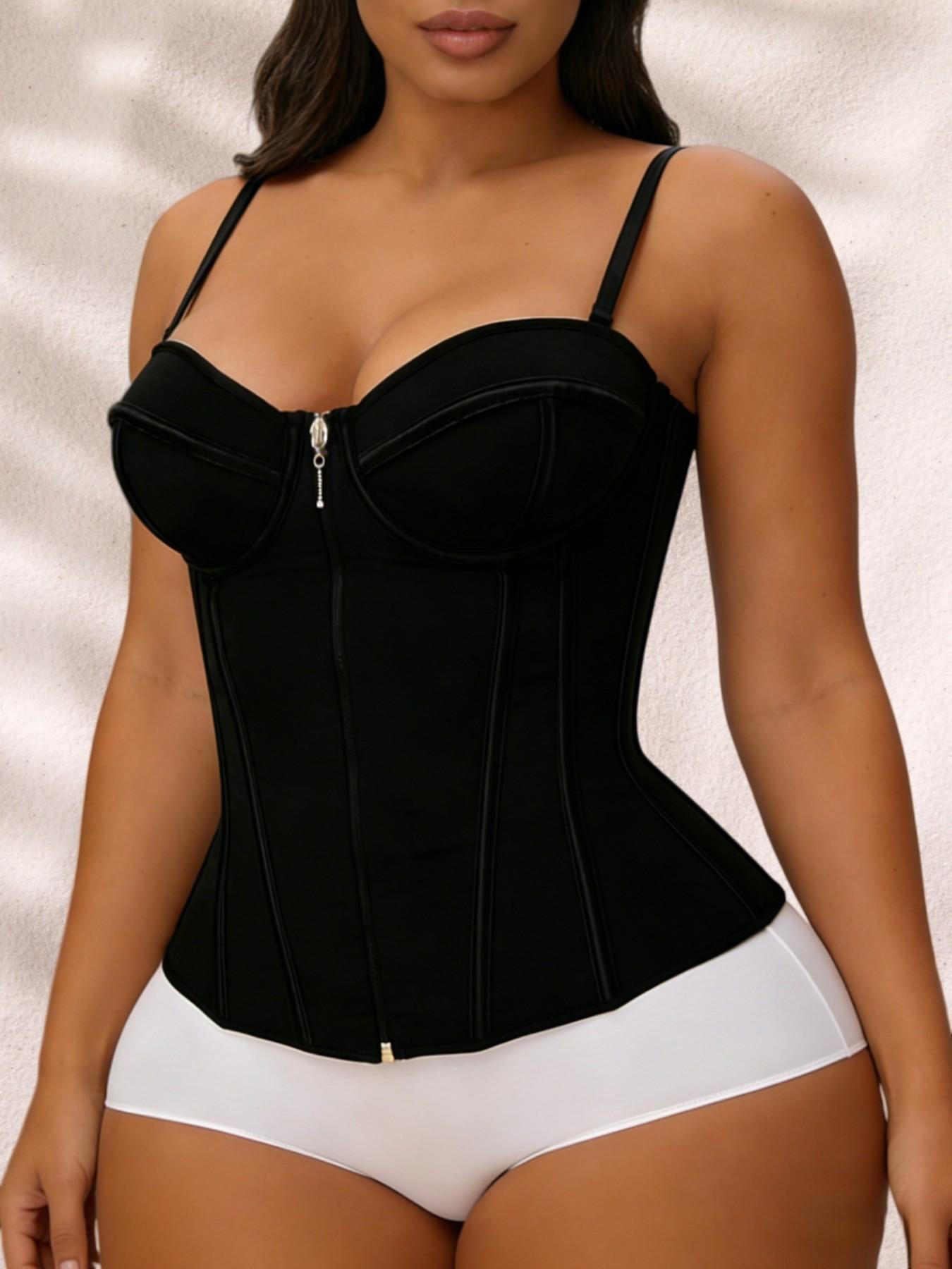 Lady's Solid Adjustable Spaghetti Strap Steel Bone Shaperwear Tops, Adjustable Zipper Shapewear, Waist Trainer, High Support Tight Fitting Zipper Closure Corset, Girdle, Suitable for Daily Wear Or Valentine's Day