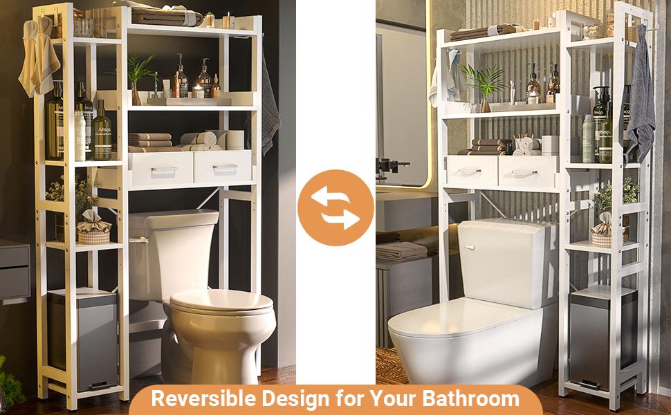 Over The Toilet Storage with 2 Drawers, 7 Tier Bathroom Organizer with Adjustable Shelf,Freestanding Space Saver Storage Rack with 4 Hooks