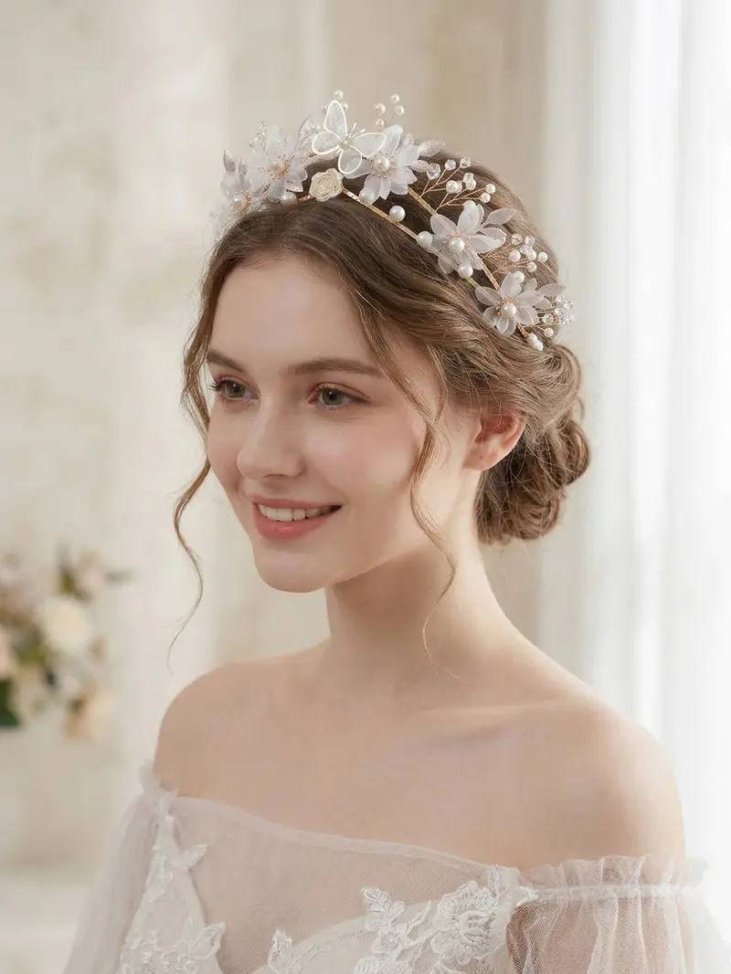 Elegant Butterfly Floral Bridal Crown, Romantic Pearl Rhinestone Wedding Headpiece, Korean Handmade Wedding Dress Accessory