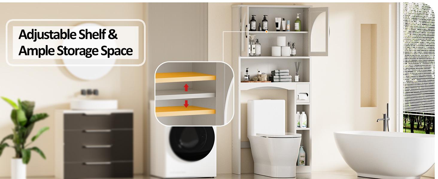 AHB Over The Toilet Storage Cabinet, Bathroom Space Saver Above Washer with Anti-Tip Device, Over Toilet Bathroom Organizers with Adjustable Shelf and Glass Doors