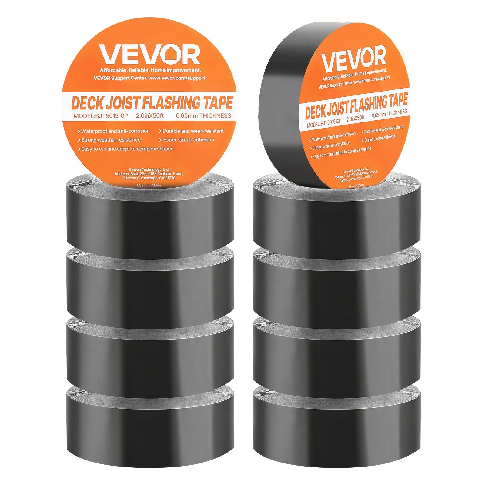 VEVOR Deck Joist Tape, 2 inchx 50 ft, 10 Pack, Weather-Resistant Waterproof Flashing Butyl Joist Tape for Decking, Self-Adhesive, for Wood Decks, Beams Roofs, RVs, House, and Pipes Repair, Black
