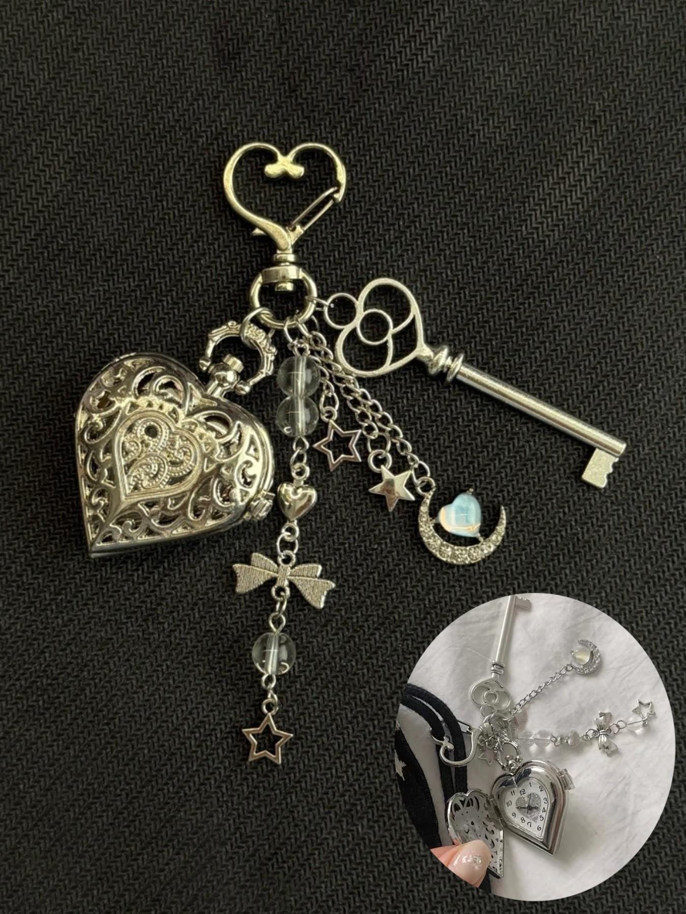 2 Piece Punk Style Metal Heart Keychain, Vintage Pocket Watch Opener, Star Moon Necklace Key, Retro Couple Pendant, Key Ring Accessory