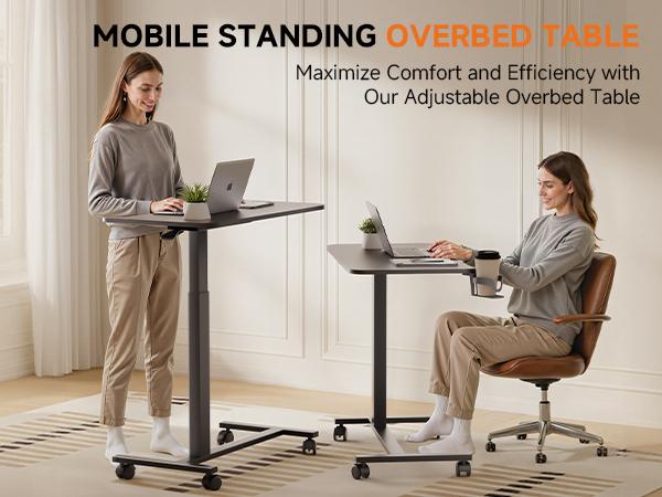 COMHOMA Adjustable Overbed Bedside Table with Lockable Wheels, Pneumatic Mobile Standing Laptop Desk, Portable Rolling Overbed Table Hospital Home Use