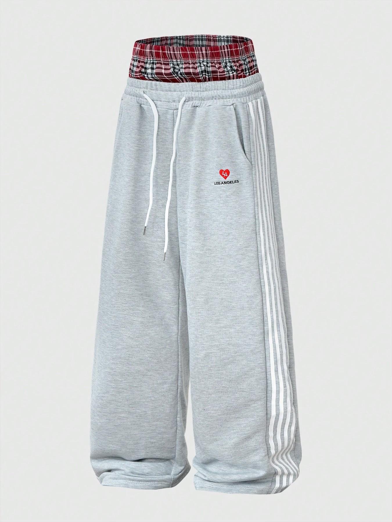 Retro Fake Two-Piece Plaid Waistband Baggy Sweatpants - Men's