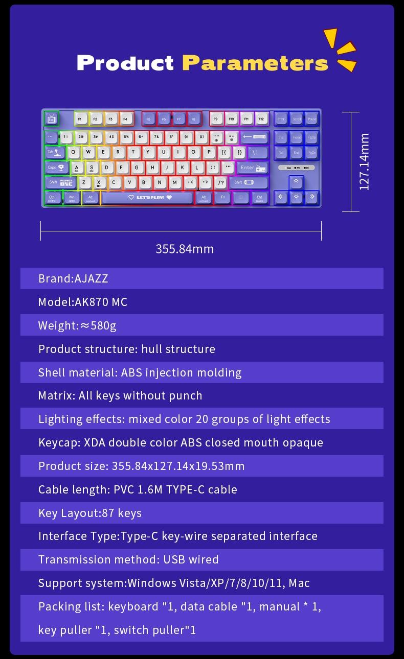 AJAZZ AK870MC wired mechanical keyboard TKL layout daydream switch ...
