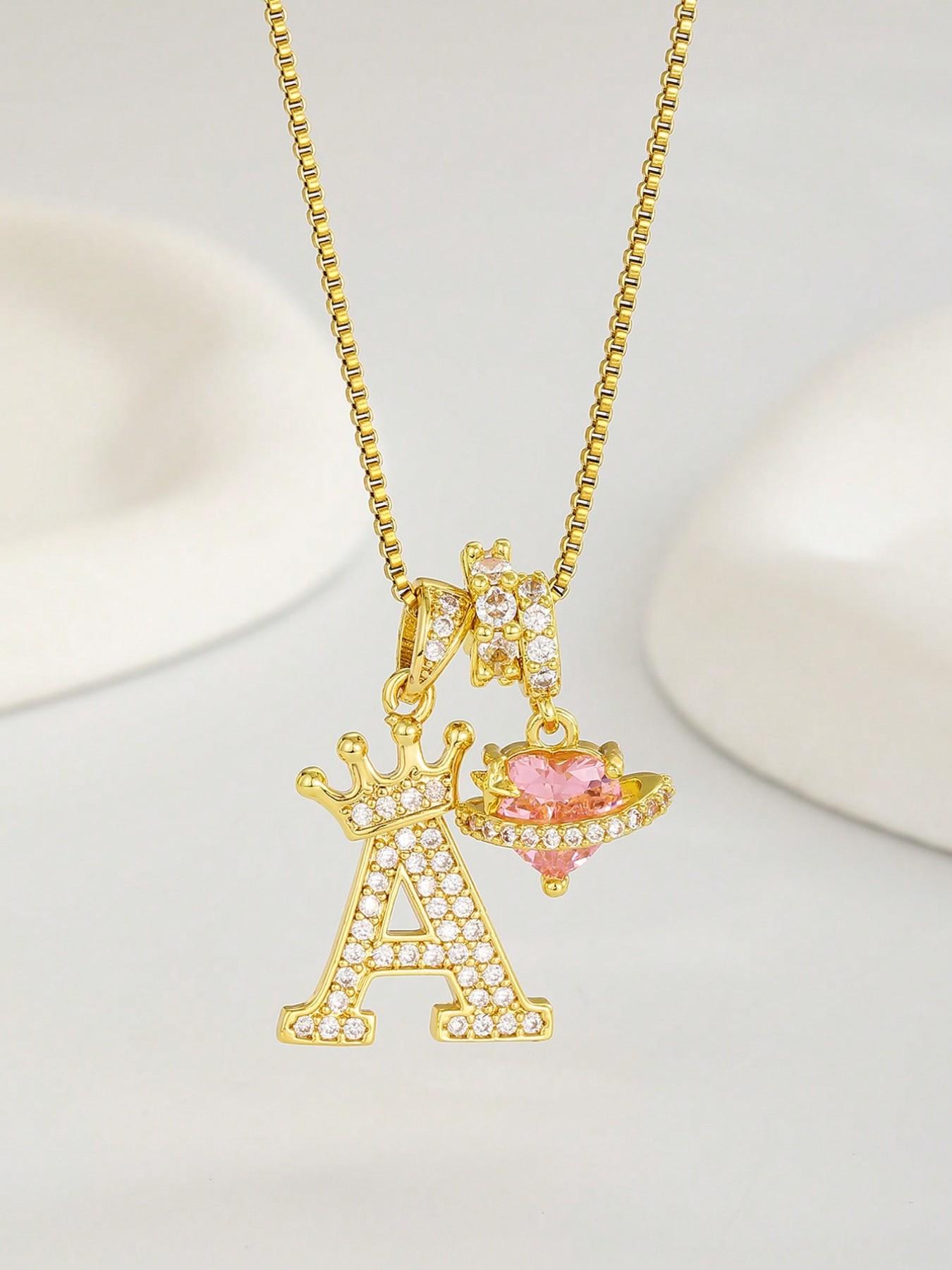 Heart Cz Crown Letter Pendant Necklace, Personalized Initial Alphabet Design, Luxurious Copper Material, Ideal for Daily Wear & Gifts, Heart Shaped Necklace