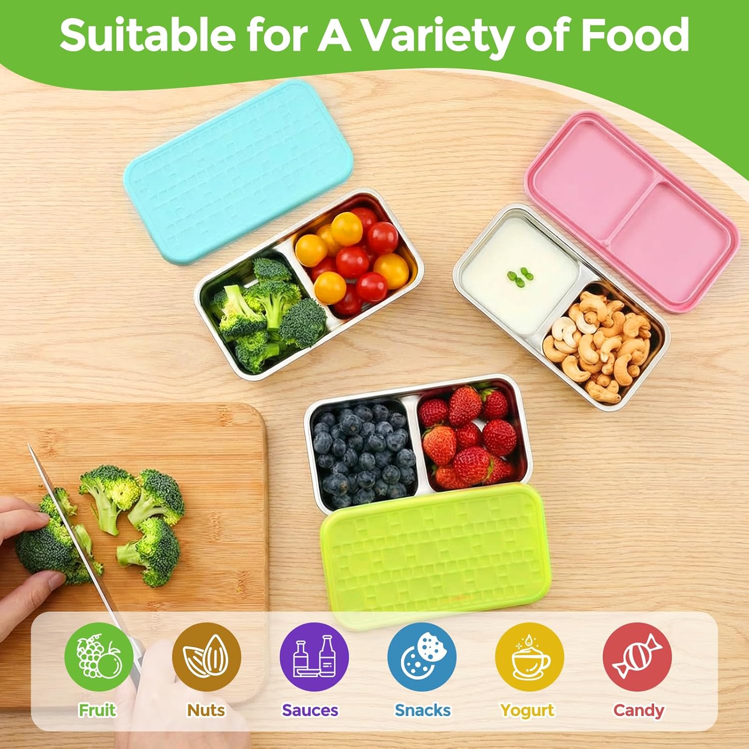 Stainless Steel Snack Containers, 3-Pack Double Compartment Preservation Bento Box with Leakproof , 15oz Divided Storage Containers for Lunch Prep, Travel, Camping Stainless Steel Snack Containers, 3-Pack Double Compartment Preservation Bento Box with Leakproof , 15oz Divided Storage Containers for Lunch Prep, Travel, Camping