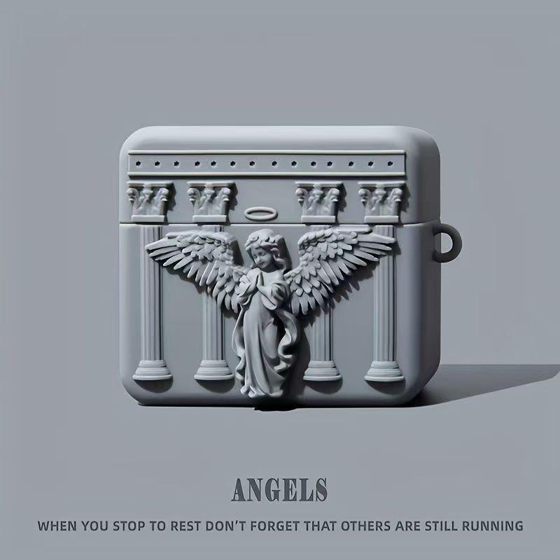 3D Angel Earphone Case, Vintage Roman Column Silicone Protector, Compatible with AirPods 1/2/3/4/pro, Unique Artistic Design