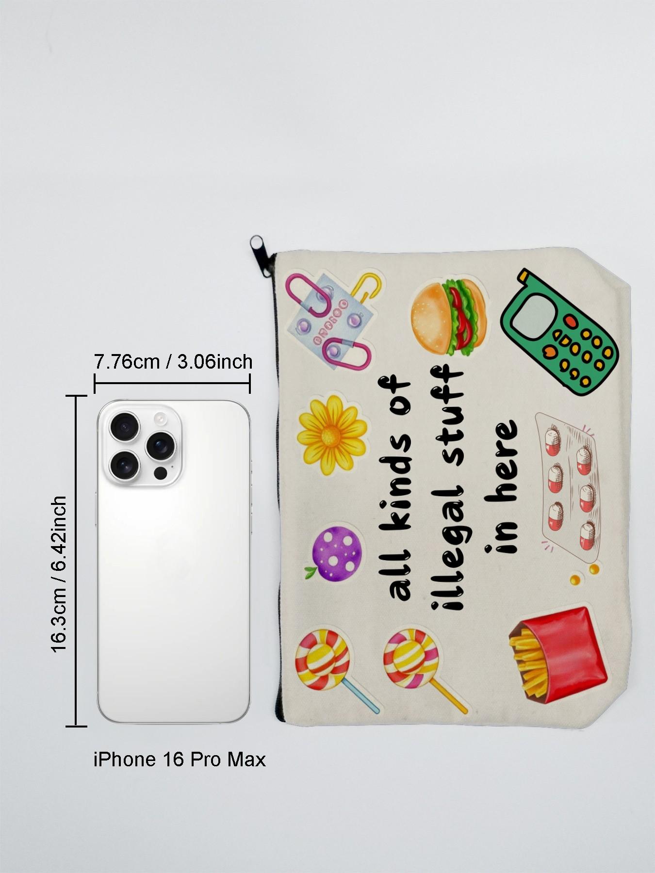 Edgy Humor Makeup Bag, Canvas Pouch with Various Items Quote, Candy, Burger, Pills, Phone, Vintage Icons, Perfect for Cosmetics