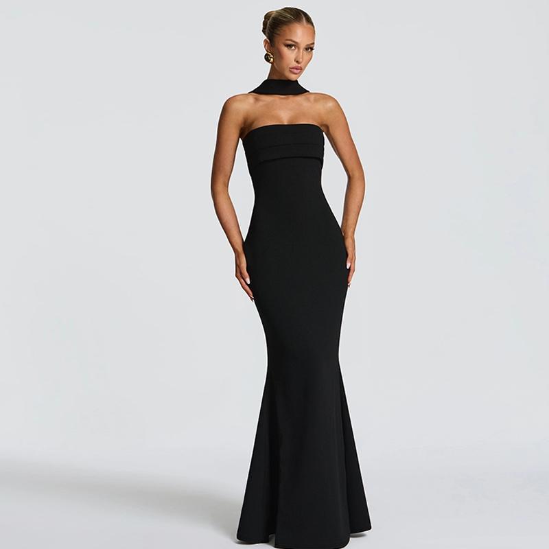 Women‘s Black Tie-neck Dress, Solid Ruched Sleeveless Strapless Backless Tube Dress & Halter Neck Scarf Ribbon Two-piece Set, Plain Back Zipper Maxi Long Dresses, Sexy Cocktail Party Club Date Evening Gown Wedding Guest Mermaid Dress Outfit For Ladies