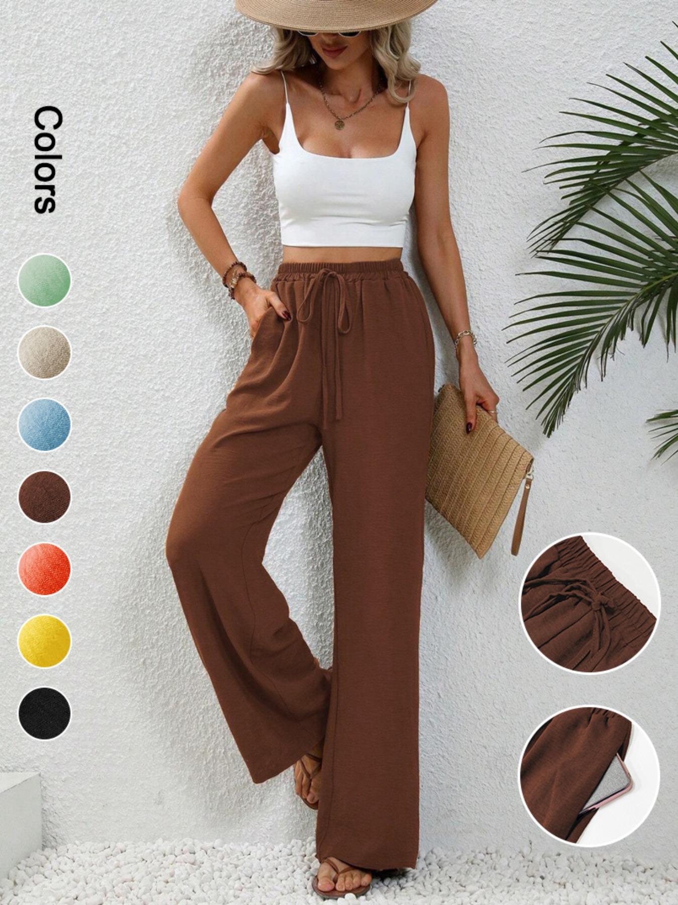 Women's Plain Pocket Tie Front Adjustable Elastic Waist Straight Leg Pants, Casual High Waist Wide Leg Trousers for Daily Wear, Ladies Bottoms for All Seasons, Baggy Pants