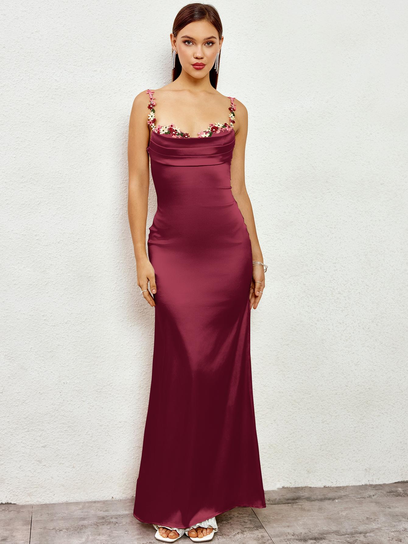 Parthea Backless Floral Embroidery Appliques Satin Ruched  Cami Long Dress,Women Formal & Evening Cocktail Dress