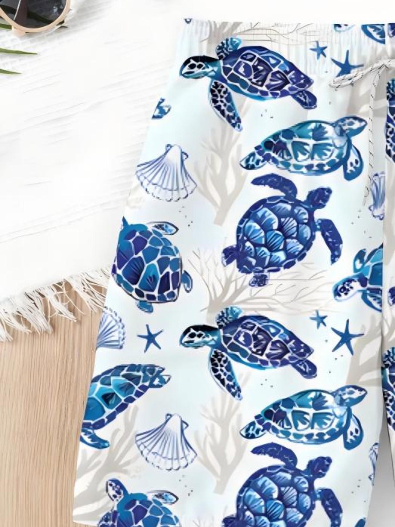Summer Boys' Turtle Print Drawstring Beach Pants, Kids Casual Short Swim Trunks, Slim-Fitting, Cartoon Pattern, Ideal for Vacation