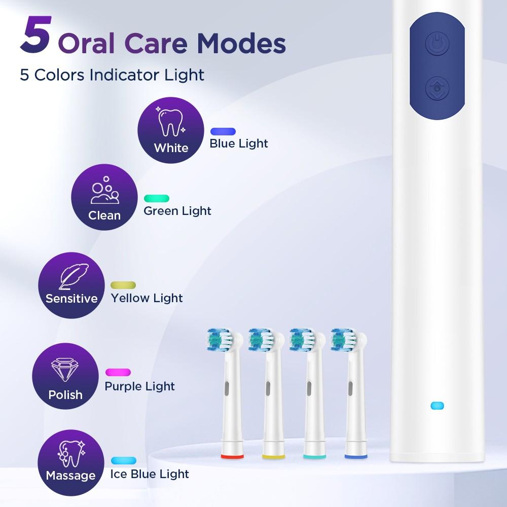 Rotating Electric Toothbrush with 5 Adjustable Modes, 2-Minute Timer with 4 Replaceable Brush Heads for Teeth Cleaning, Cleansing, Ideal for Daily Oral Care