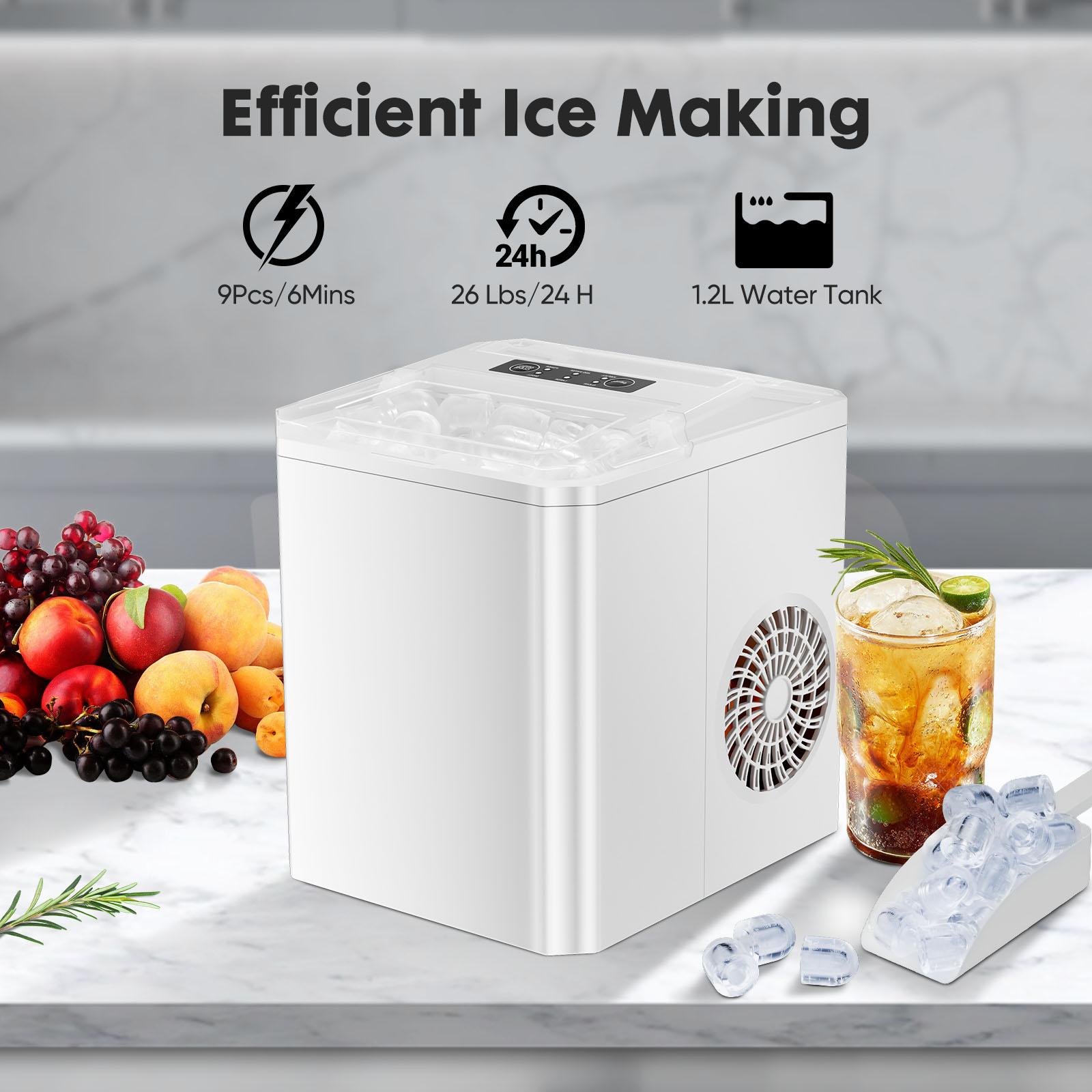 Ice Maker Countertop with Handle, 26.5lbs/24Hrs, 9 Ice Cubes Ready in 6 Mins, Self-Cleaning Portable