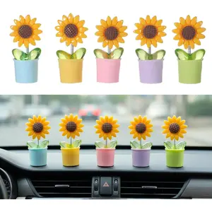 QfwdfcTrenz 5pcs Sunflowers Bobble Head for Cars, Sunflower Bobblehead Dashboard Decorations Cute Resin Car Ornaments Sunflower Interior Accessories for Women, Home Office Decor Desk Ornaments Gifts