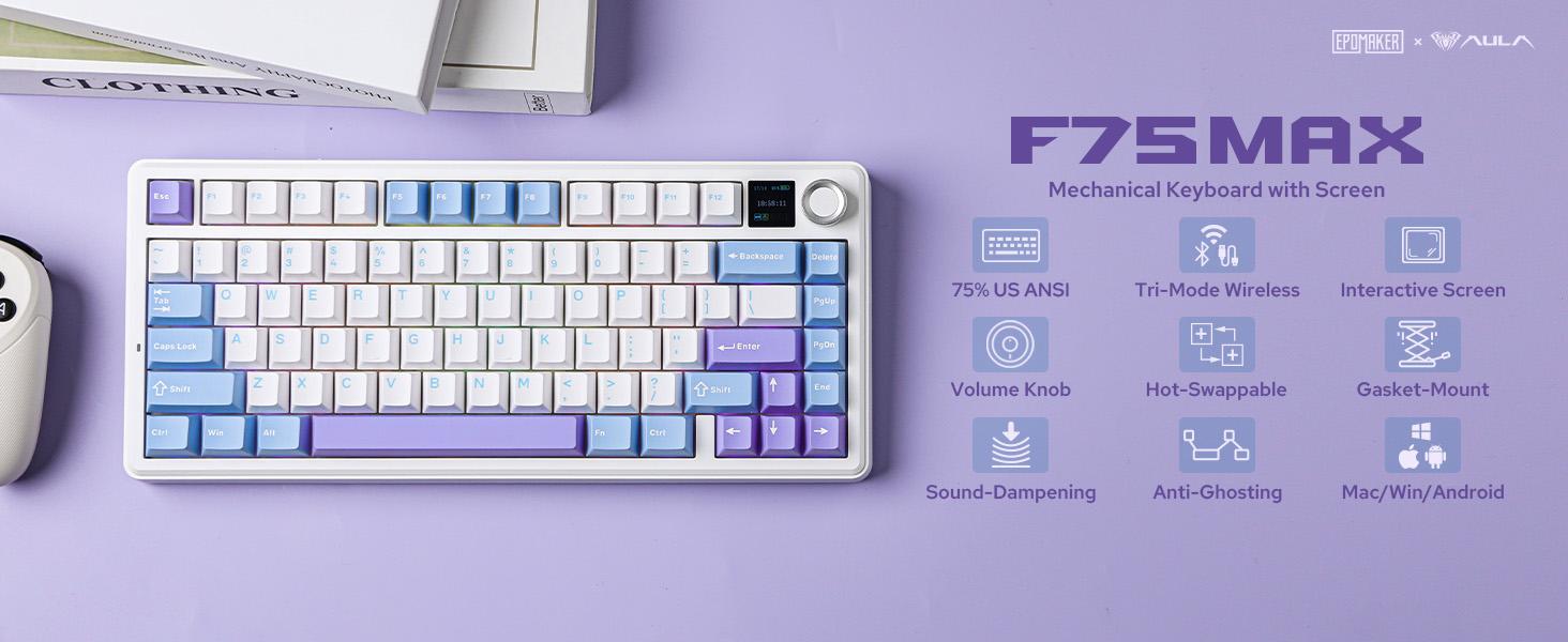 [2026]Aula F75 MAX Wireless Mechanical Keyboard with TFT Screen and Knob, Gasket Gaming Keyboard in 75% Layout, Hot Swappable, RGB Backlight, for PC/Mac/Linux