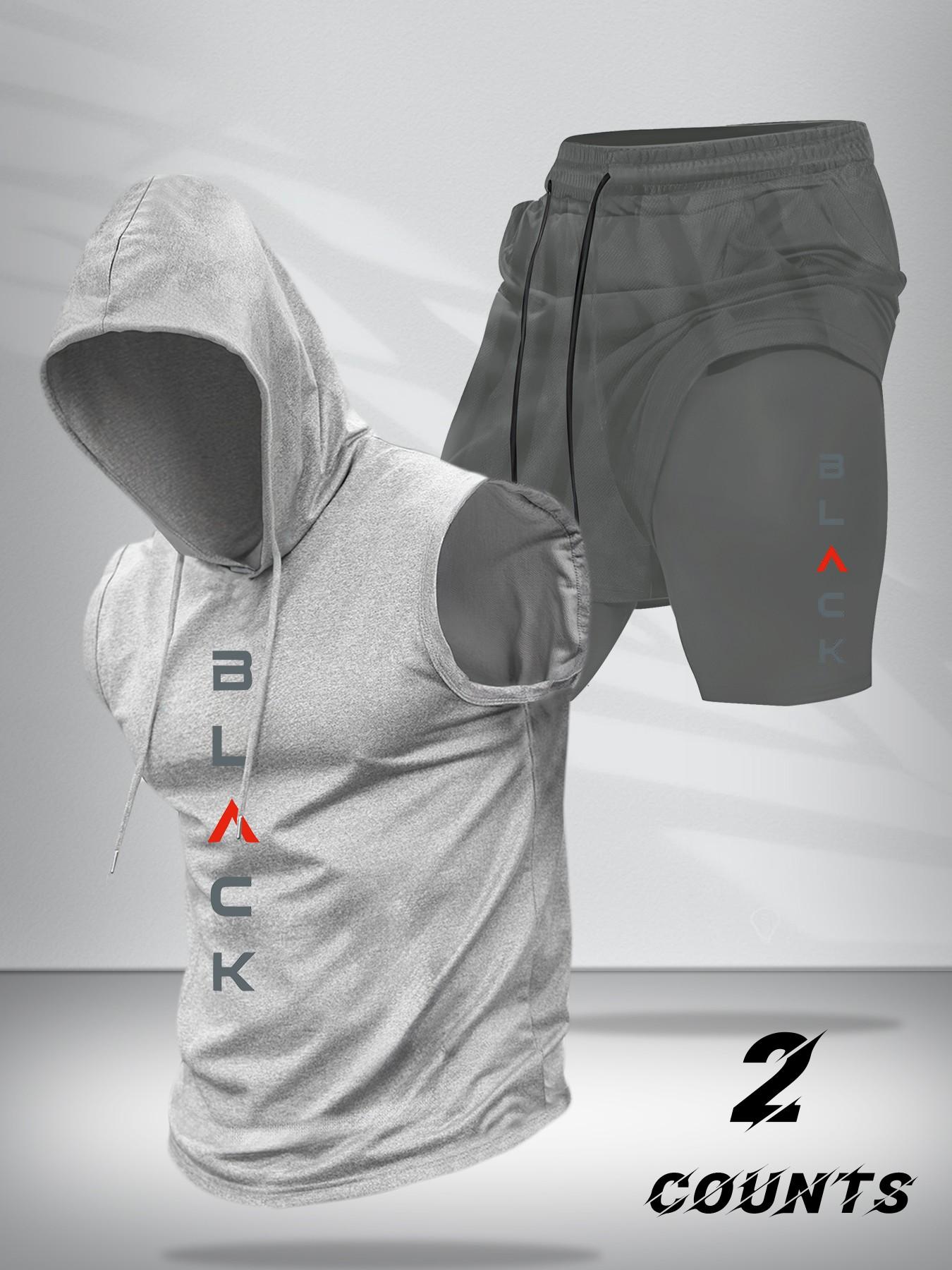Two-Piece Set Men's Hooded Tank Top & Shorts Set, Regular Fit Casual Pullover Hoodie & Shorts, Men's Two-piece Outfits for Daily Wear, Casual Gym Wear