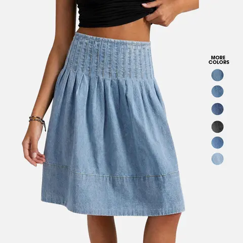 Flowyair Women's Denim Bottom Skirt - Casual, Minimalist, Pleated High-Waisted A-Line Knee-Length Midi Jean Skirt for Ladies with Breathable Fabric