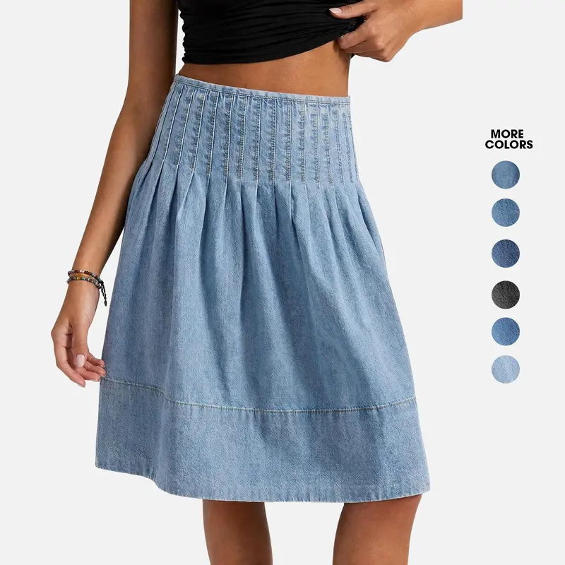 Flowyair Women's Denim Bottom Skirt - Casual, Minimalist, Pleated High-Waisted A-Line Knee-Length Midi Jean Skirt for Ladies with Breathable Fabric