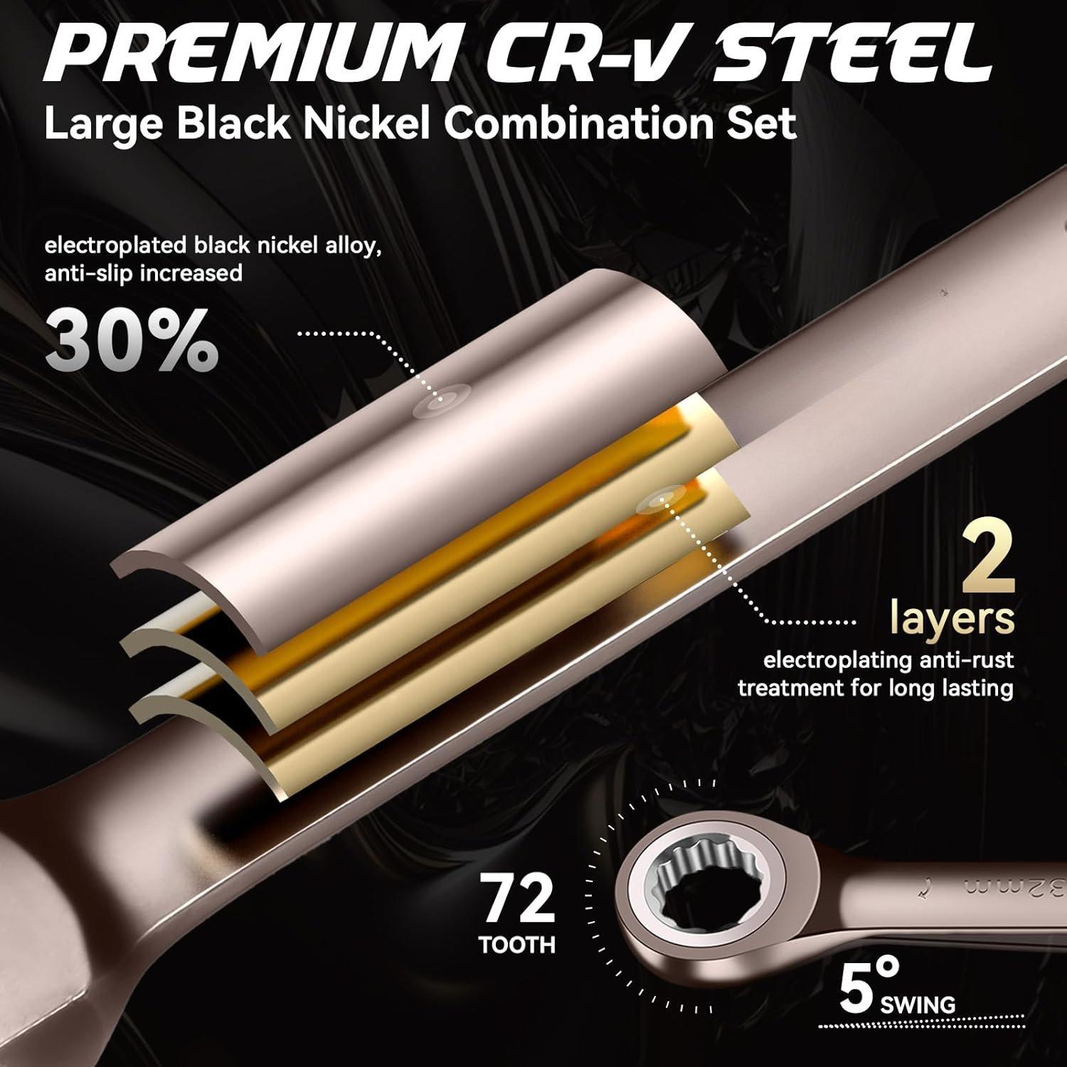 8 count Large Wrench Set Nickel Ratcheting Wrench Set Metric & SAE Combination Wrench Set with Rolling Pouch 24,27,30,32mm & 1'',1-1/16'',1-1/8'',1-1/4'' CR-V Steel Father's 8 count Large Wrench Set Nickel Ratcheting Wrench Set Metric & SAE Combination Wrench Set with Rolling Pouch 24,27,30,32mm & 1'',1-1/16'',1-1/8'',1-1/4'' CR-V Steel Father's