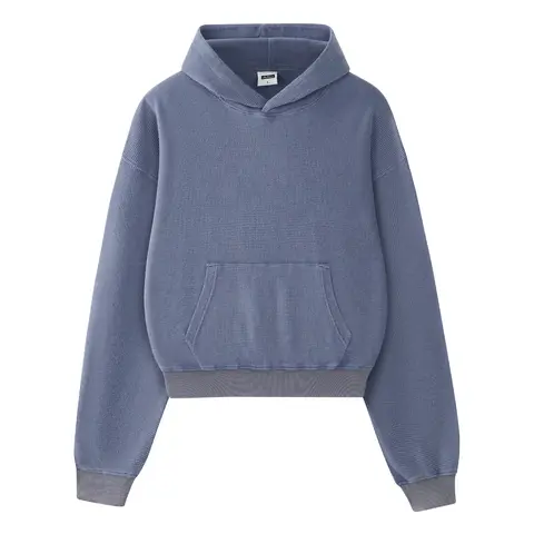FAIABLE Unisex Washed Waffle Hoodie, Oversized Boxy Fit Cropped Pullover Sweatshirt, Cotton Blend Vintage Hoodie with Kangaroo Pocket for Men Women