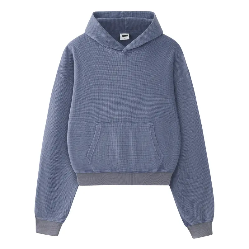 FAIABLE Unisex Washed Waffle Hoodie, Oversized Boxy Fit Cropped Pullover Sweatshirt, Cotton Blend Vintage Hoodie with Kangaroo Pocket for Men Women