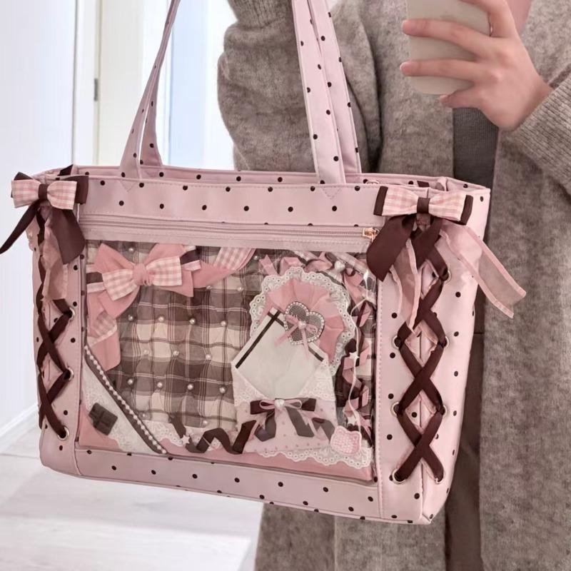 New Ribbon Lolita Sweet Shoulder Bag Cute Polka Dot Y2k Handbag Bows Kawaii Teenage Girl Itabag Fashion Large Capacity Tote Bag