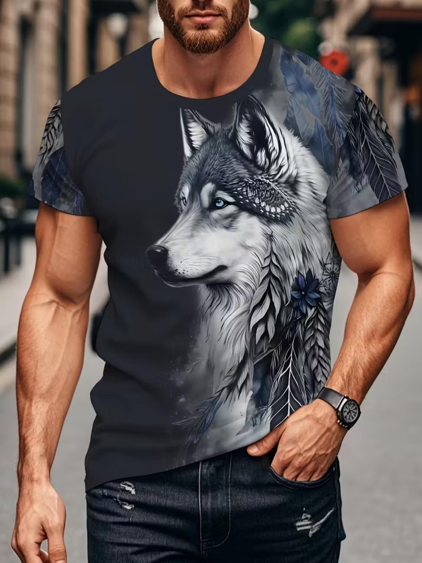 Men's Short Sleeve 3D Wolf Print T-Shirt, Casual Summer Retro Round Neck Pullover, All Seasons Slim-Fitting Top, Washed Design