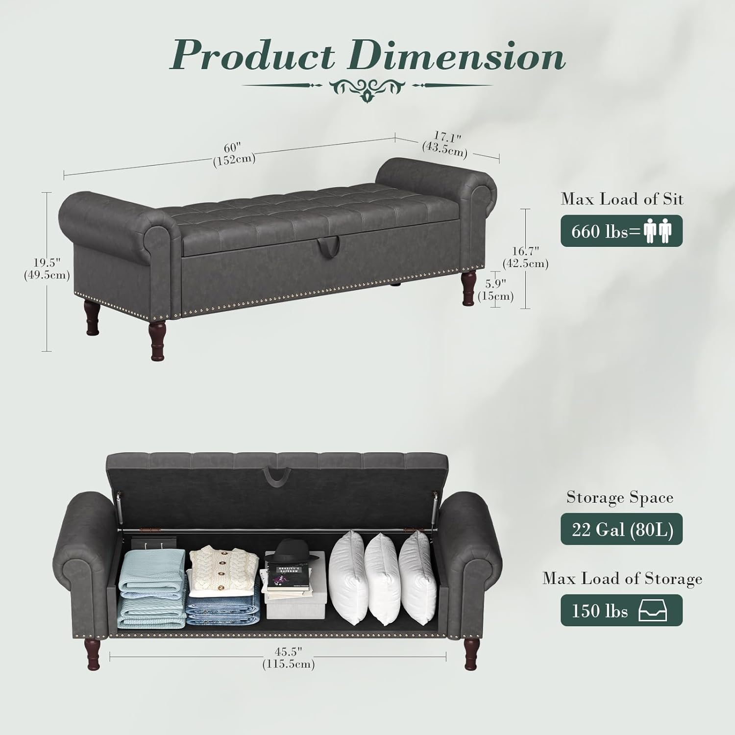 Apicizon 60”Storage Ottoman Bench, Soft Faux Leather Indoor Bench with Rolled Arm and Vintage Rivets, Large Storage Chest for Bedroom, Living Room