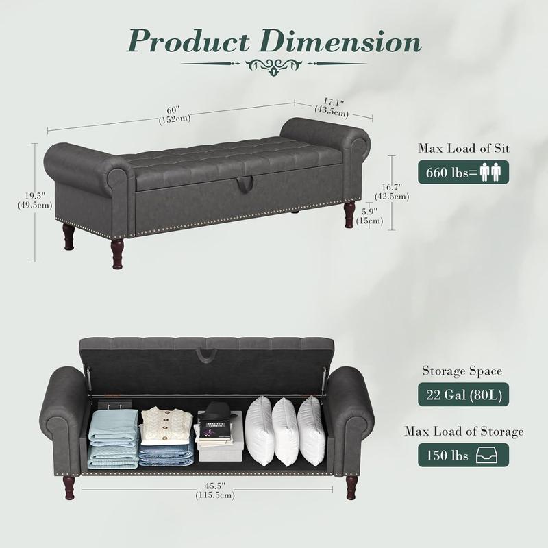 Apicizon 60”Storage Ottoman Bench, Soft Faux Leather Indoor Bench with Rolled Arm and Vintage Rivets, Large Storage Chest for Bedroom, Living Room