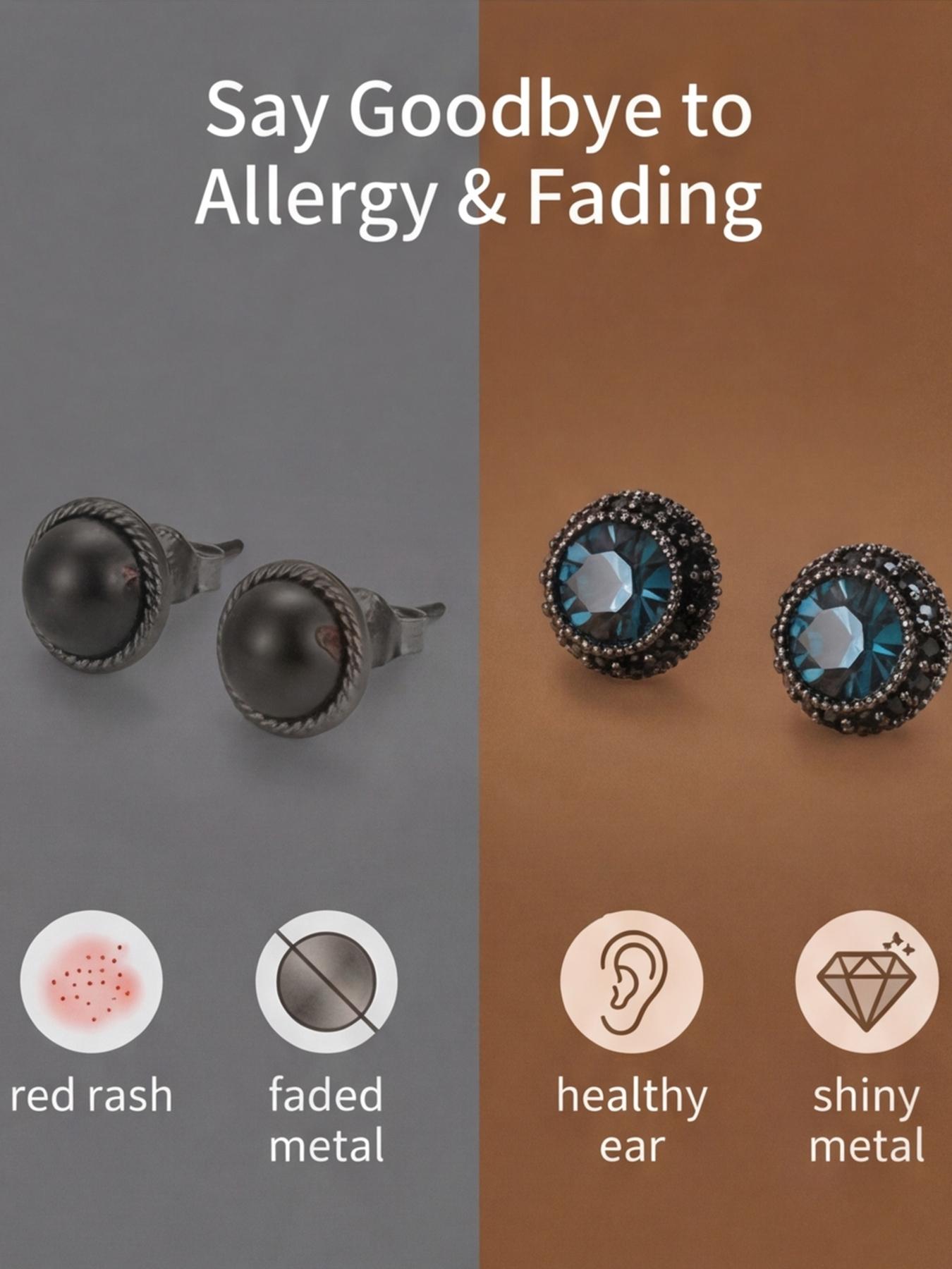 Women's Hypoallergenic Vintage Blue Crystal Round Stud Earrings, Gunmetal Tone Black Rhinestone Halo Stud Earrings, Retro Fashion Jewelry for Everyday Wear & Gift