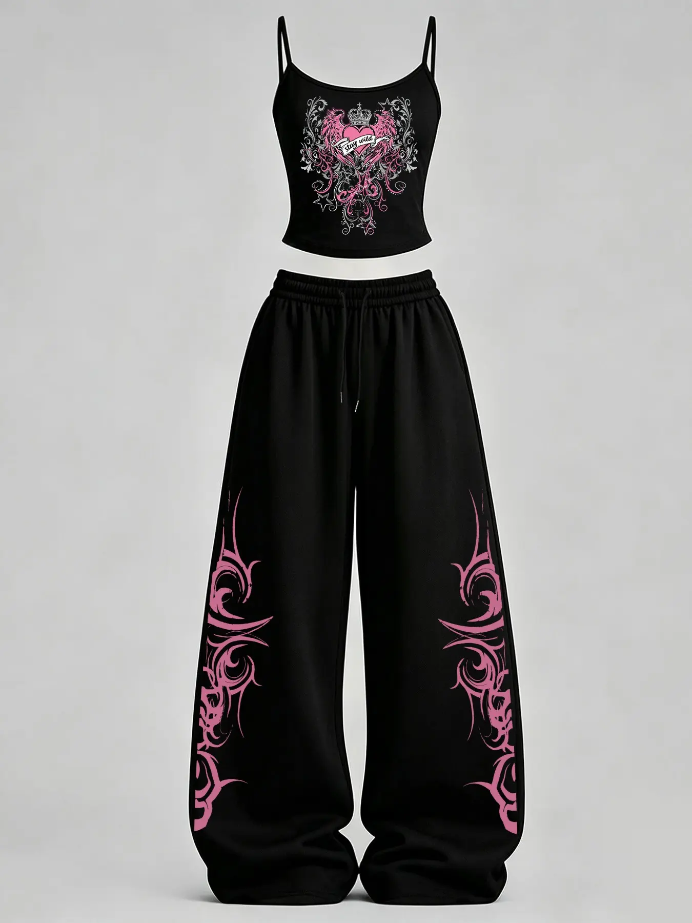 Women's Casual Home Wear Set, Slim Fit Tank Top + Loose Pants, Heart Vine Print, Y2K Punk Style, Daily Commute, Streetwear, Campus, Home Relax